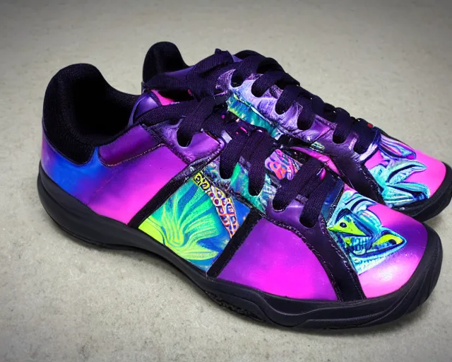 Prompt: tennis shoes designed by lisa frank and h. r. giger, product photo