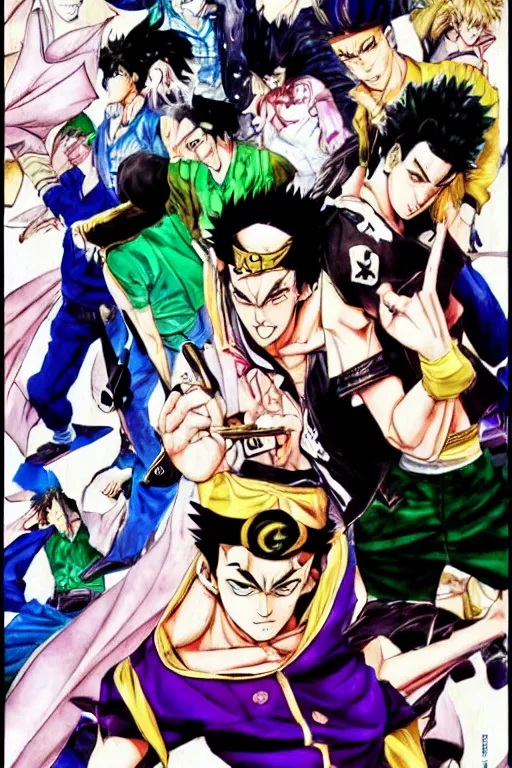Image similar to manga cover of two characters fighting as a shounen jump cover, jojo's bizarre adventure, jotaro vs dio, art by hirohiko araki, japanese comic book, art by keisuke itagaki, modern fashion outfit, dynamic poses, action poses, muscular characters, watercolor