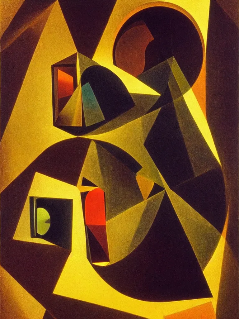 Image similar to hyperrealistic still life portrait of a mind recursively contemplating itself on lsd, sacred geometry tunnels, looking through a prism, by caravaggio and willem de kooning, surrealism, vivid colors, serene, golden ratio, rule of thirds, negative space, minimalist composition