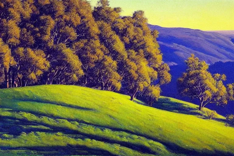 Image similar to masterpiece painting of oak trees on a hillside overlooking a creek, dramatic lighting, by wayne thiebaud