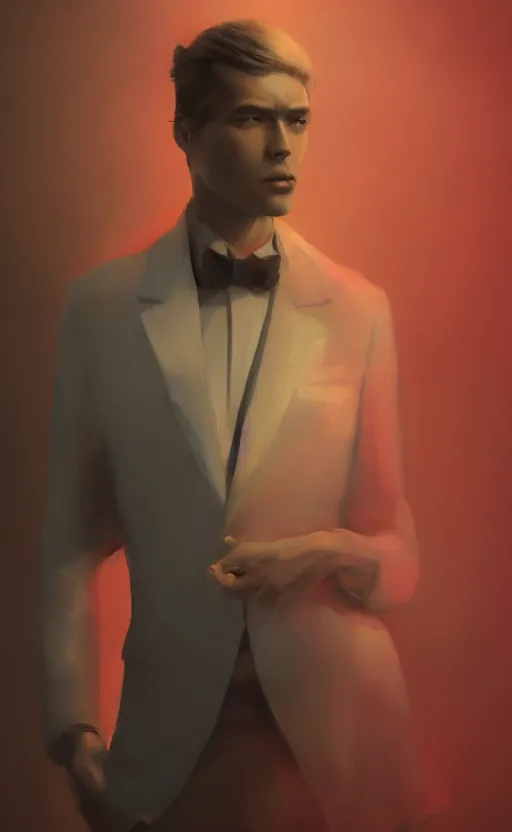 Image similar to an aesthetic portrait of an elegant man with nothingness in place of his heart, deep rich colors, 4 k, award winning, blur, minimalistic, neon, surrealism, unreal engine 5, high detail, ryan jia, frank frazetta, john alvin, gatson bussiere, kutsuya terada,