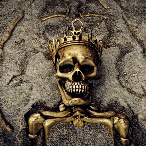 Prompt: medium shot of a skeleton king made of solid gold sits on an abandoned gravestone, beautiful detailed intricate insanely detailed octane render, 8k artistic photography, photorealistic, unreal engine