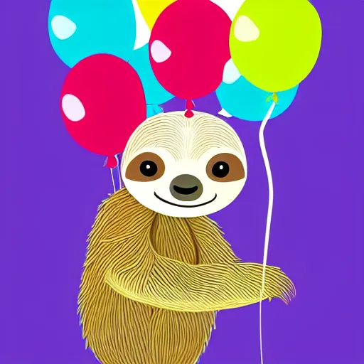 Image similar to book illustration of a sloth holding balloons, book illustration, colorful, white background, colorful image