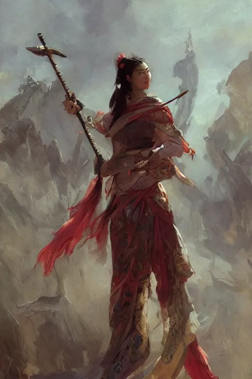 Prompt: wuxia, attractive female warrior, character design, colorful, painting by gaston bussiere, craig mullins, greg rutkowski, j. c. leyendecker