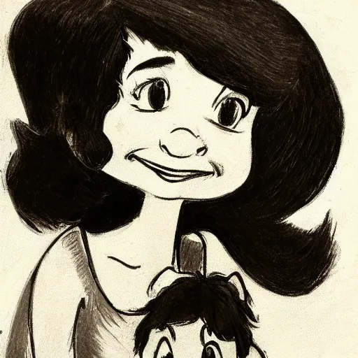 Image similar to milt kahl sketch of black hair cuban girl with dog nose