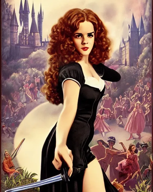 Image similar to pinup photo of hermione granger by emma watson in the crowded square of hogwarts, gil elvgren, enoch bolles, edward robert hughes, henry justice ford, glossy skin, pearlescent, very coherent, very detailed