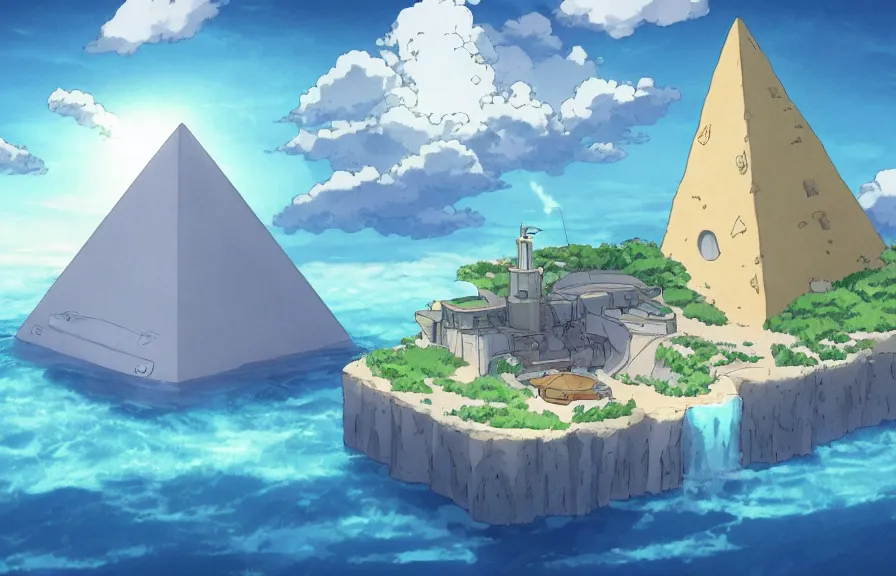 Image similar to a realistic studio ghibli cell shaded cartoon showing a submarine in front of a white pyramid with a gold capstone underwater at the bottom of the sea. shafts of sunlight come from above. wide shot, very dull muted colors, hd, 4 k, hq