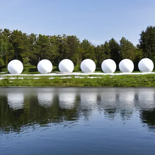 Prompt: many white round spherical buildings are combined to form a building on the calm lake