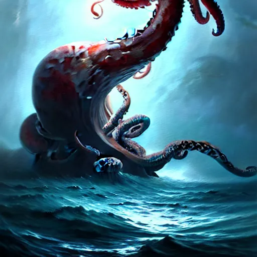 Prompt: a dream fantasy painting of a a man fighting a giant octopus in the deep of the ocean, by beksinki, giger, greg rutkowski, carne griffith trending on artstation, deviantart, photorealism