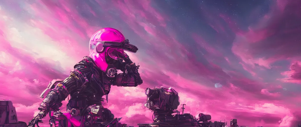 Image similar to portrait big punk, pink, mohawk, space, hyperdetailed illustration, stars, neon, oil painting, rich deep colors masterpiece, ultra detailed, contrast, heaven pink, clouds, volumetric light, atmospheric lighting, pirate neon ship, dramatic, cinematic, moody, octane render 4 k, 8 k