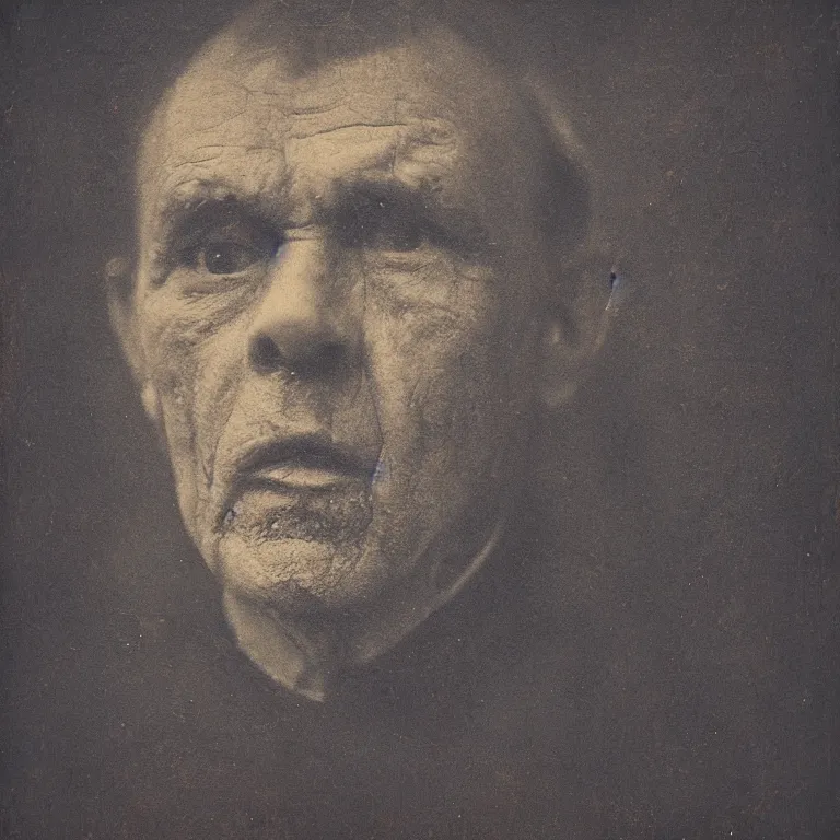 Prompt: tinted Antique tintype of Beautiful warmly lit close up expressionistic studio portrait of very angry! My father with his long eyebrows and perfectly straight nose singing angrily!, impasto oil painting heavy brushstrokes by Cy Twombly and Anselm Kiefer , trending on artstation dramatic lighting abstract Expressionism