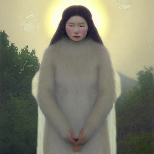 Prompt: a ultradetailed beautiful painting of a young european inuit woman in the park by hsiao ron cheng, ngai victo, nivanh chanthara jean delville wlop and dougherty patrick, trending onv artstation, alaska, light sparkles, major arcana sky, sharp focus, soft light