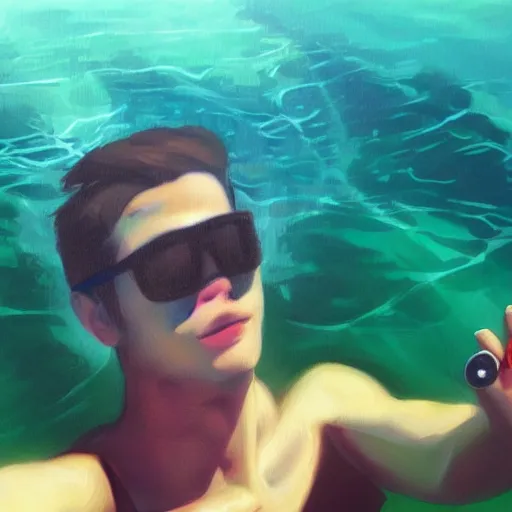 Prompt: painting of an underwater selfie from a brown haired male lifeguard. Kuvshinov ilya. Sakimichan.