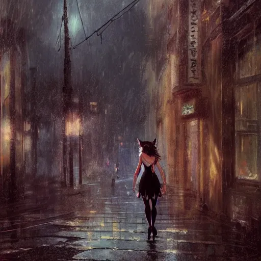 Image similar to woman with cat ears wearing a black lace dress and thigh highs walking in a depressing soviet city, expressive oil painting, digital anime art, highly detailed, character art, beautiful face, by yoshitaka amano, by greg rutkowski, by conrad roset, volumetrics, octane render, rainy street