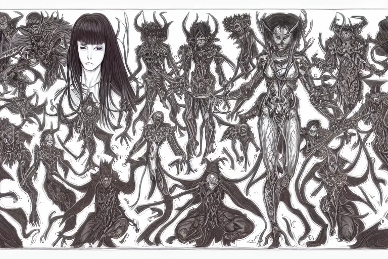 Prompt: study of a group of demons, character design sheet with intricate linework, in the style of moebius, ayami kojima, 9 0's anime, retro fantasy