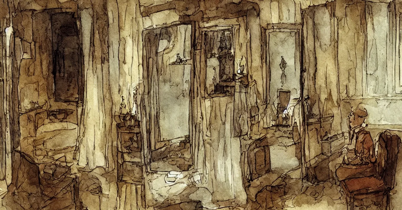 Image similar to view from behind mirror, very deep stillness atmosphere, dimension of still moment, spiritual style, digital art, by anton pieck