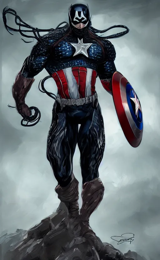 Image similar to full body portrait of venom as captain america, dynamic lighting, cinematic, ultra detailed, trending on art station, stunning visuals, creative, fantasy concept art