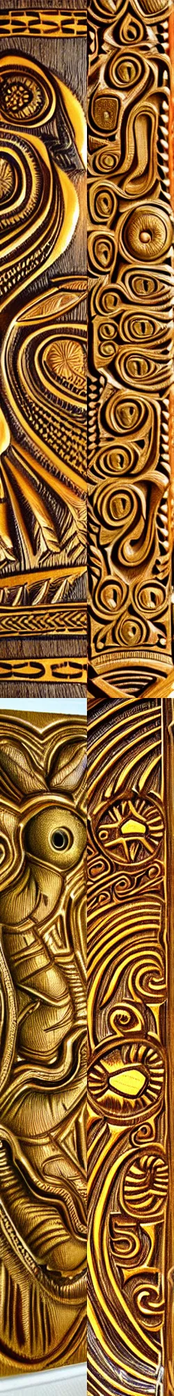 Prompt: golden wood carved in relief, gold color with aboriginal motifs of northern Patagonia, animals and nature of the patagonian aboriginal by miguel angel, sharp focus