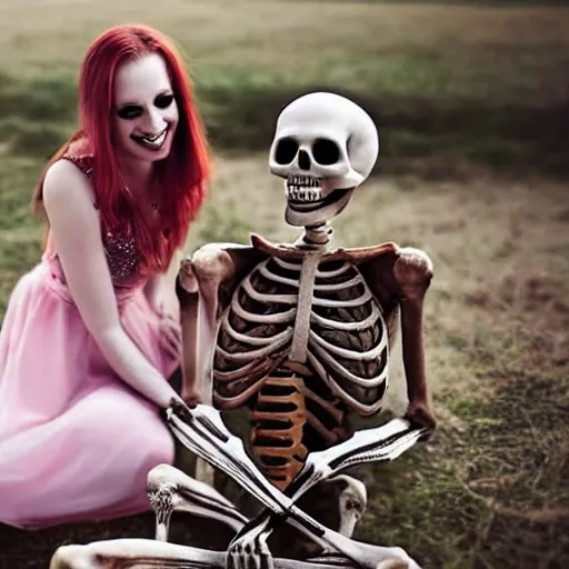 Prompt: a friendly skeleton entertaining a girl