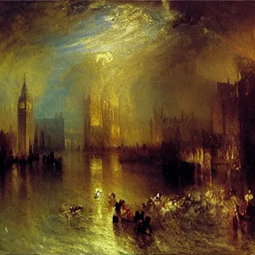 Prompt: London flooded underwater, traditional oil painting, painted by Turner