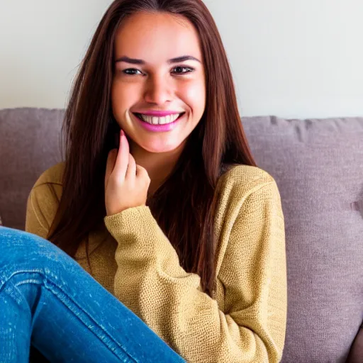 Image similar to a cute young woman smiling, long shiny bronze brown hair, full round face, green eyes, medium skin tone, light cute freckles, smiling softly, wearing casual clothing, relaxing on a modern couch, interior lighting, cozy living room background, medium shot, mid-shot, soft focus