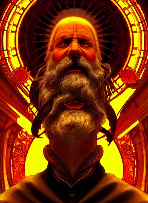 Image similar to the god hephaestus, old man, fiery hair, glowing eyes, volumetric lights, yellow and red scheme, art nouveau botanicals, gothic, intricate, highly detailed, digital painting, artstation, concept art, smooth, sharp focus, symmetric face, illustration, steampunk, art by artgerm and greg rutkowski and alphonse mucha