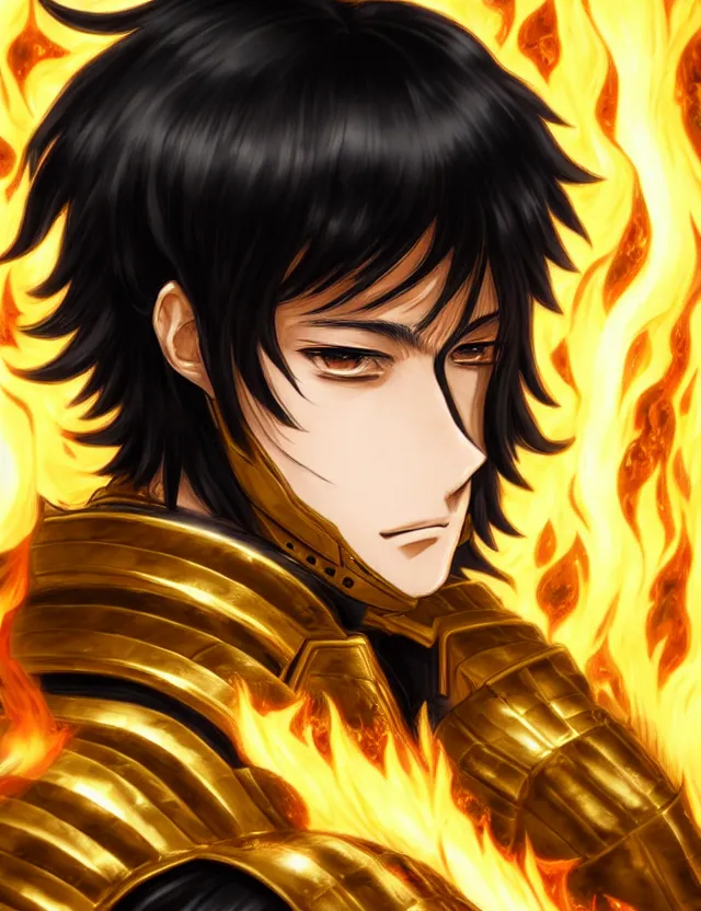 Image similar to a detailed manga portrait of a black haired man with hazel eyes in gleaming golden armour that burns with golden fire, trending on artstation, digital art, 4 k resolution, detailed, high quality, sharp focus, hq artwork, coherent, insane detail, character portrait