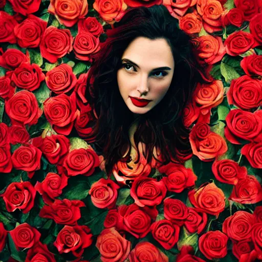 Image similar to fine art photo of the beauty gal gadot, she is merging from red roses, taken by oleg oprisco