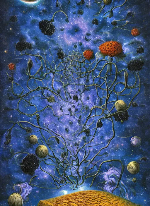 Image similar to detailed, intricate blue black and purple papaverum flower on the field, nebula, galaxy in the sky, winning award masterpiece, fantastically beautiful, illustration, aestheticly inspired, jacek yerka, upscale with anguissola sofonisba work, artstation, 8 k