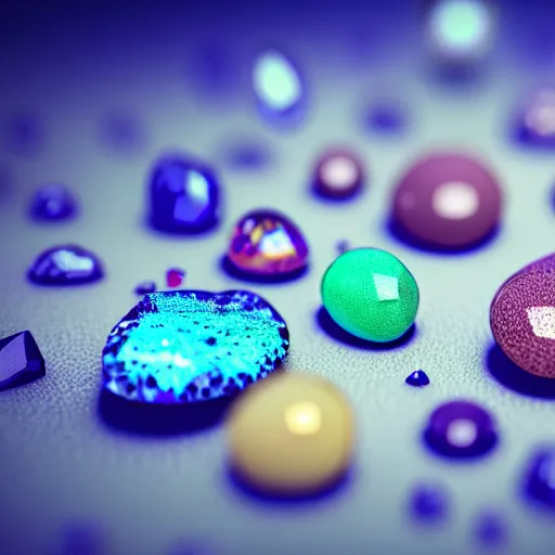 Image similar to macro photo of precious stones with fungal cultures and mold with little pastel coloured filaments, octane render, tilt shift, polarized light, ultrasharp focus, unreal engine 5, bokeh background, hyperrealism, vray