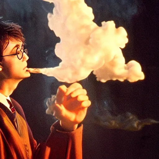 Image similar to harry potter exhaling a huge smoke cloud from his magical wizard bong, film still, cinematic lighting