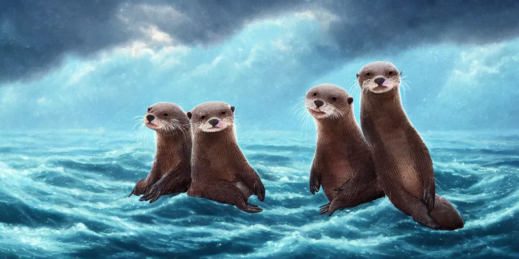 Prompt: Two adorable otters falling in love holding hands side by side, all alone in the middle of a huge storm at sea, fantasy illustration, cinematic, dreamlike, Award winning, romance, detailed trending on art station masterpiece