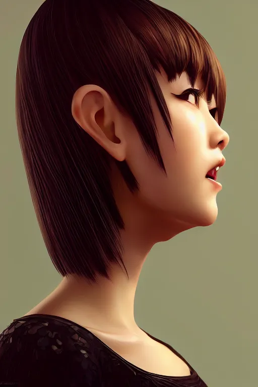 Image similar to a side view portrait of cute Asian girl singing, short hair, in the style of DreamWorks animation, low angle view, 16mm lens, award winning, hyper detailed, dramatic lighting, artstation, octane renderer, unreal engine