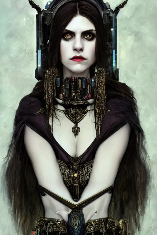 Image similar to portrait of beautiful gothic Alexandra Daddario, cyberpunk, Warhammer, highly detailed, artstation, illustration, art by Gustav Klimt