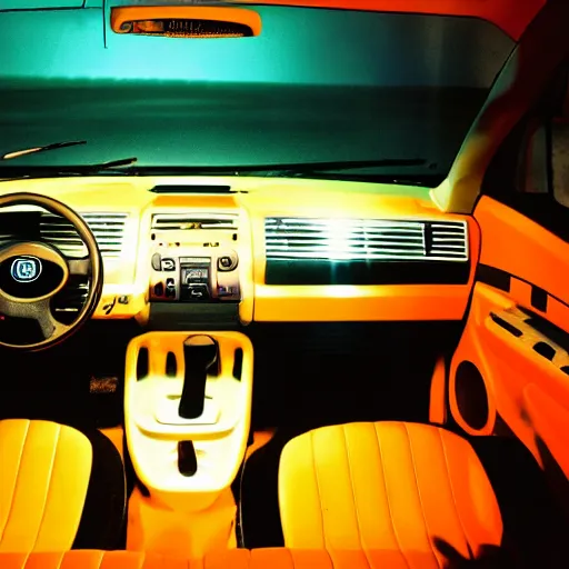 Image similar to photo of a 9 0 s fiat panda interior at night, with neon lights in the background, 3 5 mm