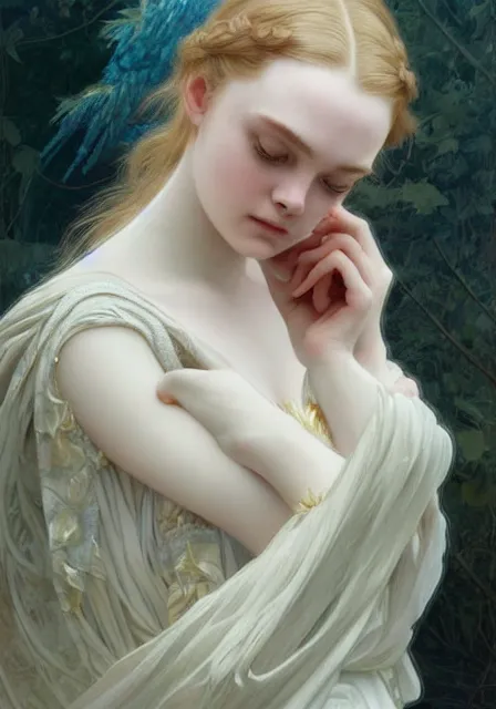 Image similar to sansa elle fanning, intricate, elegant, highly detailed, digital painting, artstation, concept art, smooth, sharp focus, illustration, art by artgerm and greg rutkowski and alphonse mucha and william - adolphe bouguereau