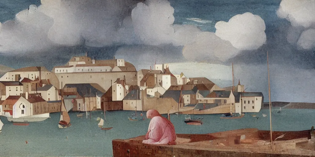 Prompt: a painting of the harbour at Stromness, orkney islands, small houses, boats, sea, stormy clouds, by Fra Angelico