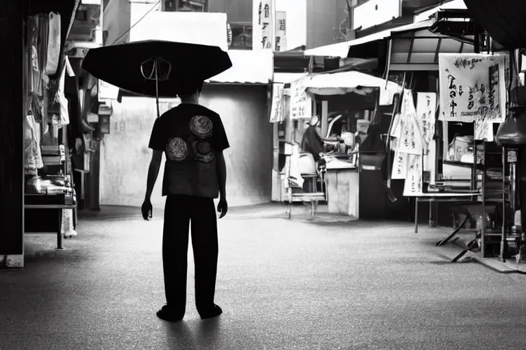 Image similar to still photo of a japanese street vendor, black and white color aesthetic, highly detailed, photorealistic portrait, bright studio setting, studio lighting, crisp quality and light reflections, unreal engine 5 quality render