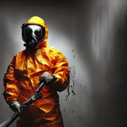 Prompt: still from the movie saw, low angle skewed shot of a man in a bloody hazmat suit, big axe, blood, horror, award winning photo, high detail, atmospheric, 8k