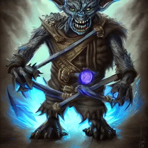 Image similar to a highly detailed goblin with grey skin and blue eyes that glow, with a windy background, like magic the gathering, goblin chainwalker,, digital art, by christopher rush