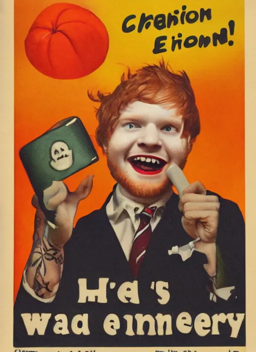 Image similar to creepy Ed Sheeran with a scary comically large smile, 1940s scare tactic propaganda art