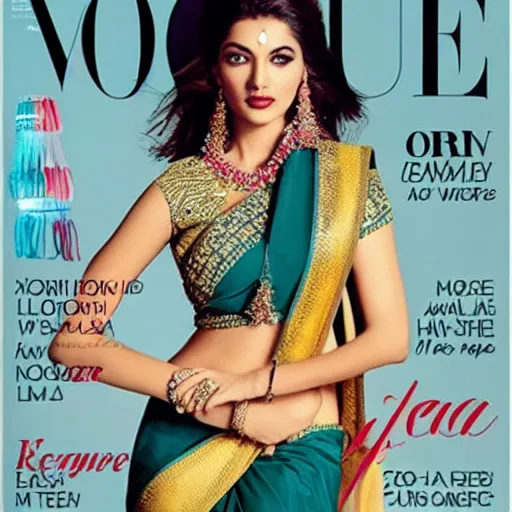 Image similar to a hot girl in a saree Vogue magazine cover photo