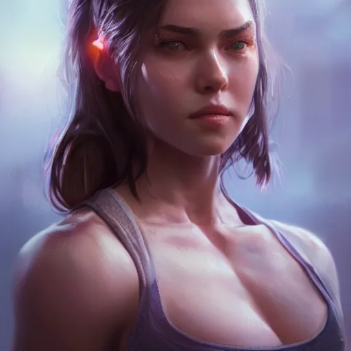 Prompt: a very cute woman with muscles, digital art, photorealistic, unreal engine, 8 k resolution, artstation, beautiful face, pretty face, very detailed eyes, by wlop, greg rutkowski, simon bosley