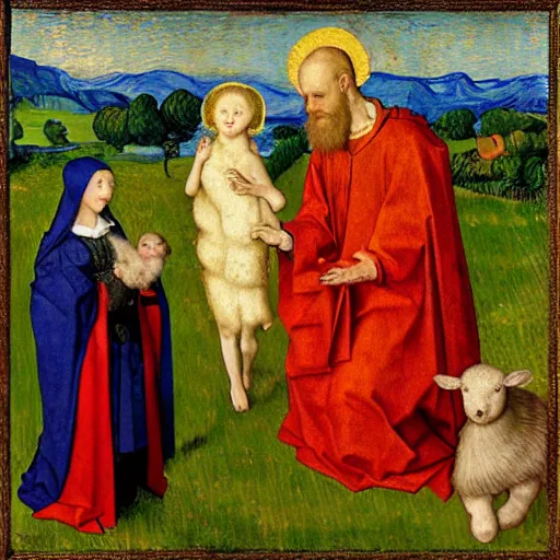 Image similar to the adoration of the lamb, by jan van eyck, in the art style of van gogh