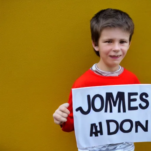 Prompt: A boy holding a sign saying, james