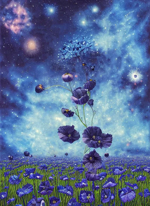 Image similar to detailed, intricate blue black and purple papaverum flower on the field, nebula, galaxy in the sky, winning award masterpiece, fantastically beautiful, illustration, aestheticly inspired, jacek yerka, upscale with anguissola sofonisba work, artstation, 8 k