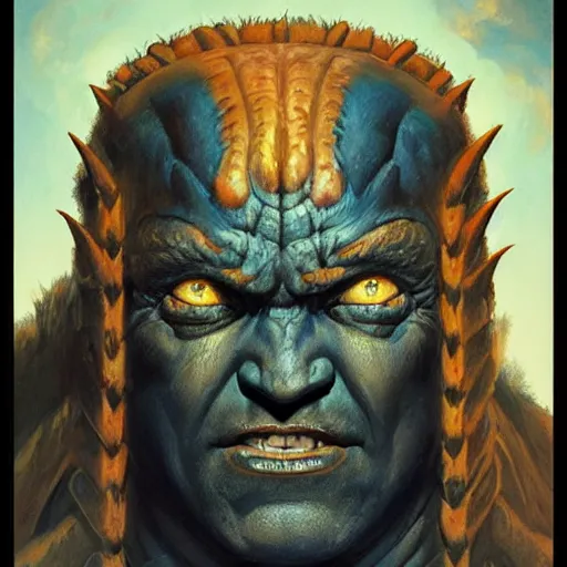 Image similar to head and shoulders portrait of an obsidian - skinned fire giant, d & d, fantasy, greg rutkowski, frank frazetta, alexandre chaudret, boris vallejo, michael whelan, miro petrov, hr giger, magali villeneuve, donato giancola