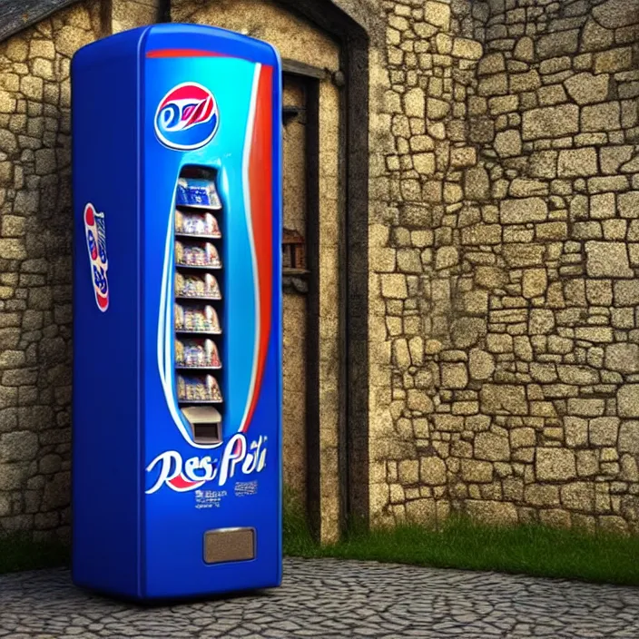 Image similar to pepsi vending machine outside a medieval house in a fantasy village. extremely high details, realistic, fantasy art, cinematic, octane render, volumetric lighting, depth of field, bokeh, masterpiece, artstation contest winner, art by johannen voss, frank frazetta