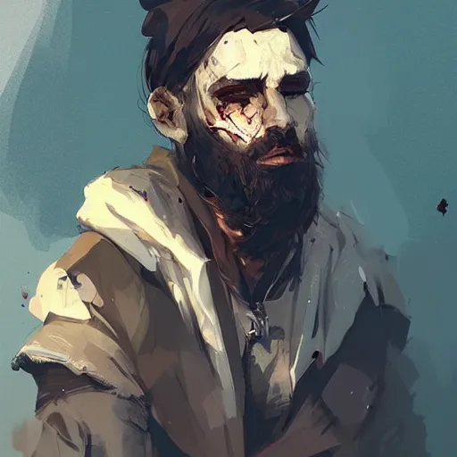 Image similar to human male character art, by Ismail Inceoglu, dark hair, beard, sunken eyes, scars, shabby clothes, digital art, dungeons and dragons, art