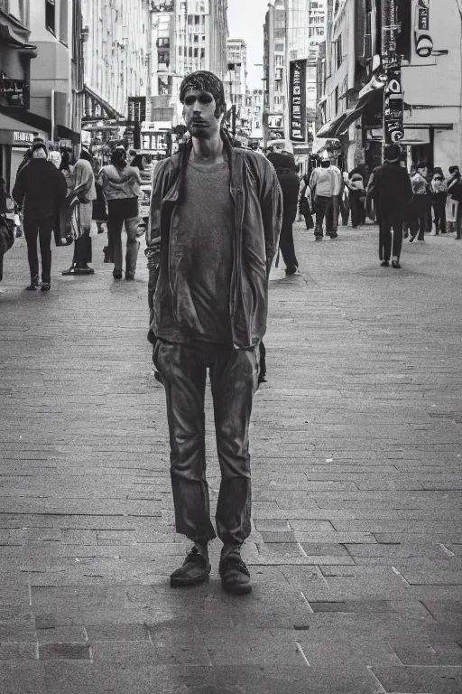 Prompt: man standing in the middle of a crowded street with a concerned expression, detailed face, medium shot, 4k high res, 120 black and white film